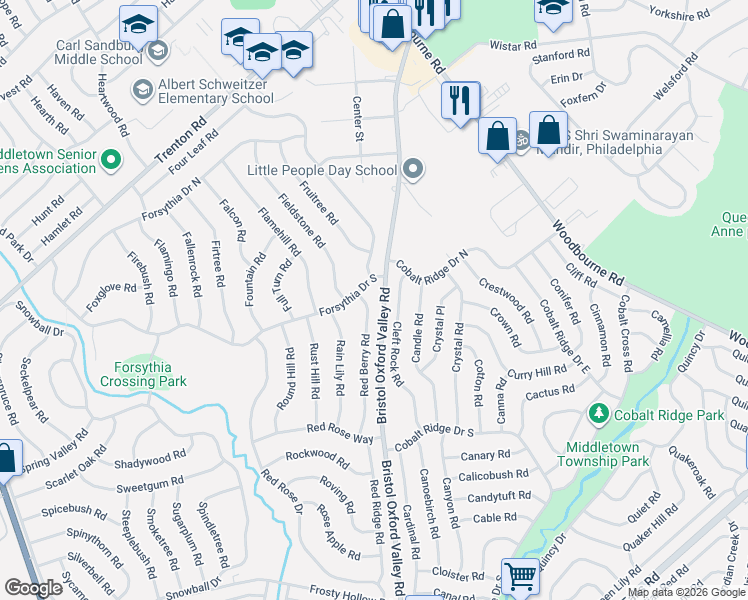 map of restaurants, bars, coffee shops, grocery stores, and more near 95 Cleft Rock Road in Levittown