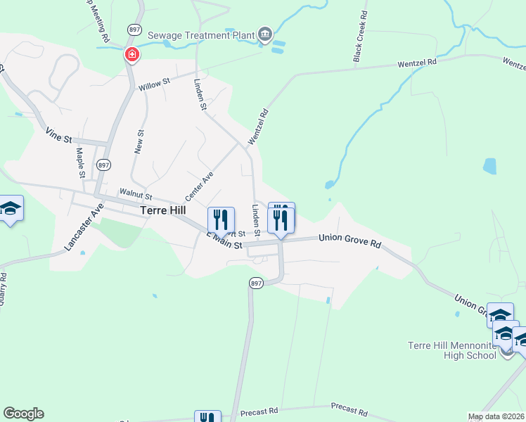 map of restaurants, bars, coffee shops, grocery stores, and more near 312 Linden Street in East Earl