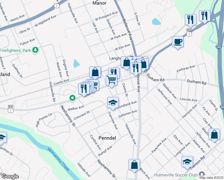 map of restaurants, bars, coffee shops, grocery stores, and more near in Penndel