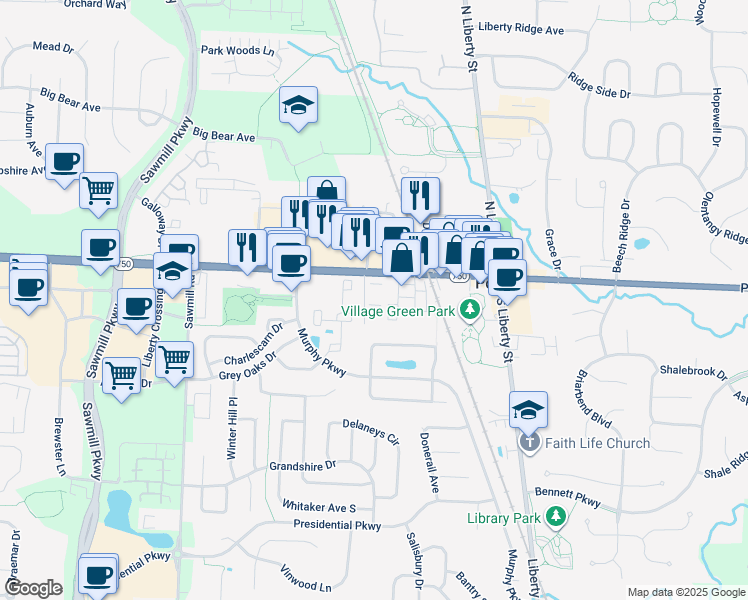 map of restaurants, bars, coffee shops, grocery stores, and more near 189 West Olentangy Street in Powell