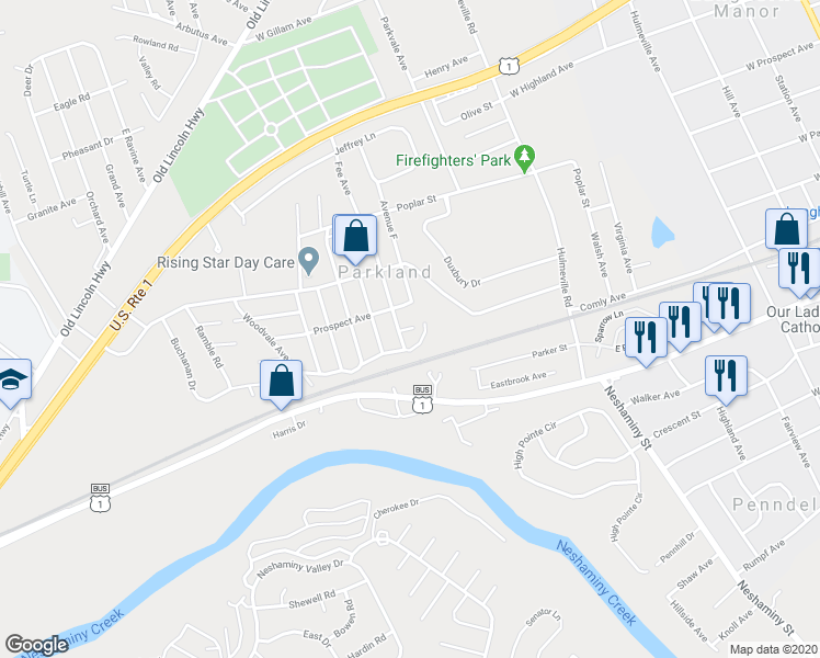 map of restaurants, bars, coffee shops, grocery stores, and more near 1021 Honeysuckle Avenue in Langhorne