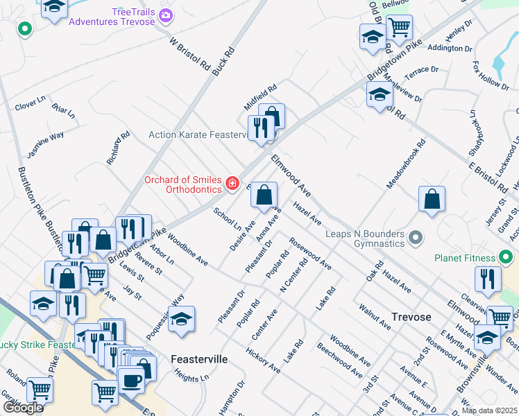 map of restaurants, bars, coffee shops, grocery stores, and more near 1644 Desire Avenue in Feasterville