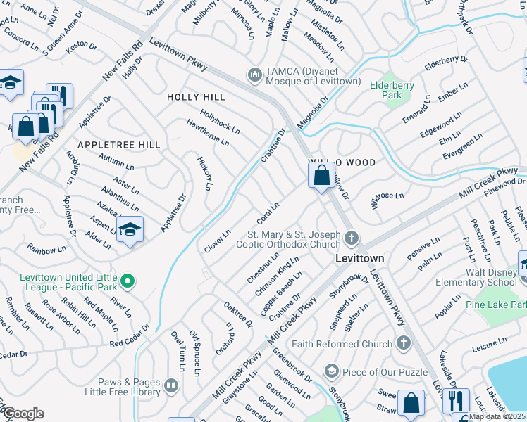 map of restaurants, bars, coffee shops, grocery stores, and more near 2 Crosswood Lane in Levittown