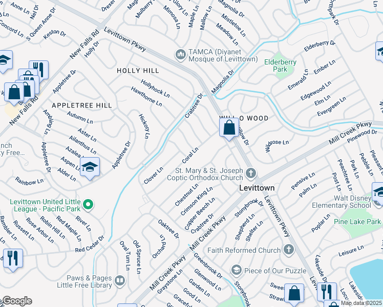 map of restaurants, bars, coffee shops, grocery stores, and more near 36 Coral Ln in Levittown