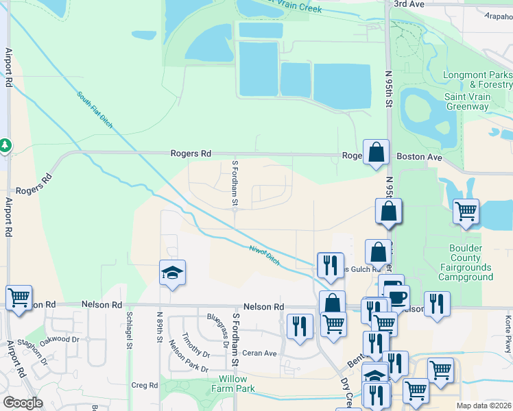 map of restaurants, bars, coffee shops, grocery stores, and more near 9144 Rogers Road in Longmont