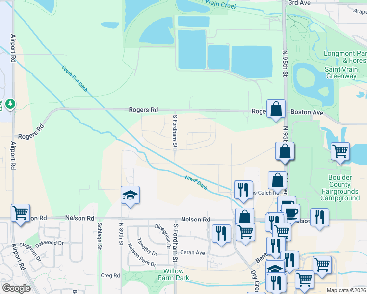 map of restaurants, bars, coffee shops, grocery stores, and more near 9144 Rogers Road in Longmont