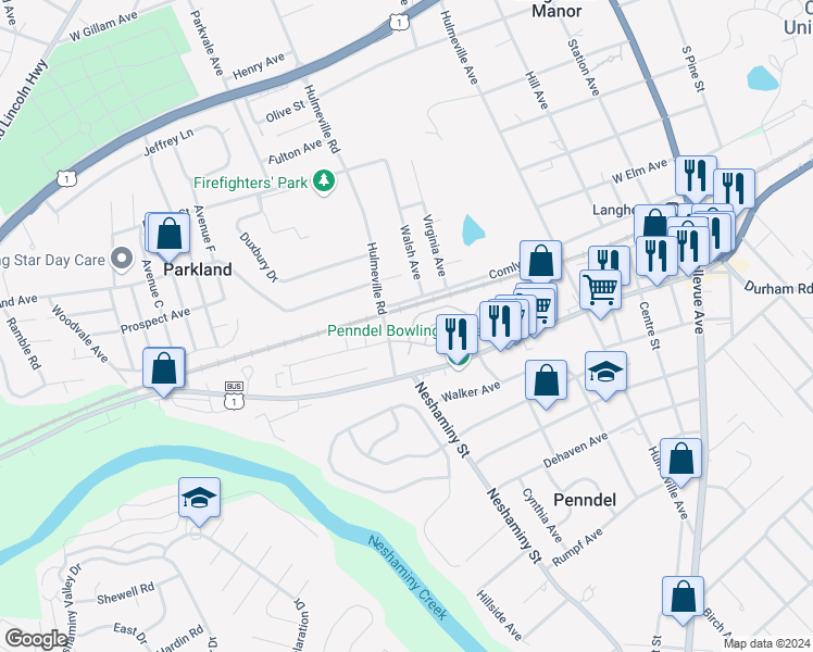 map of restaurants, bars, coffee shops, grocery stores, and more near 663 Comly Avenue in Langhorne