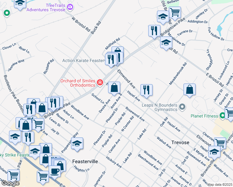map of restaurants, bars, coffee shops, grocery stores, and more near 1653 Desire Avenue in Feasterville