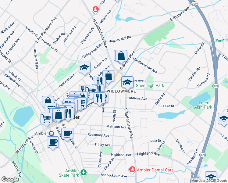 map of restaurants, bars, coffee shops, grocery stores, and more near 330 East Butler Avenue in Ambler