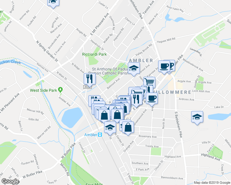 map of restaurants, bars, coffee shops, grocery stores, and more near 143 Forest Avenue in Ambler