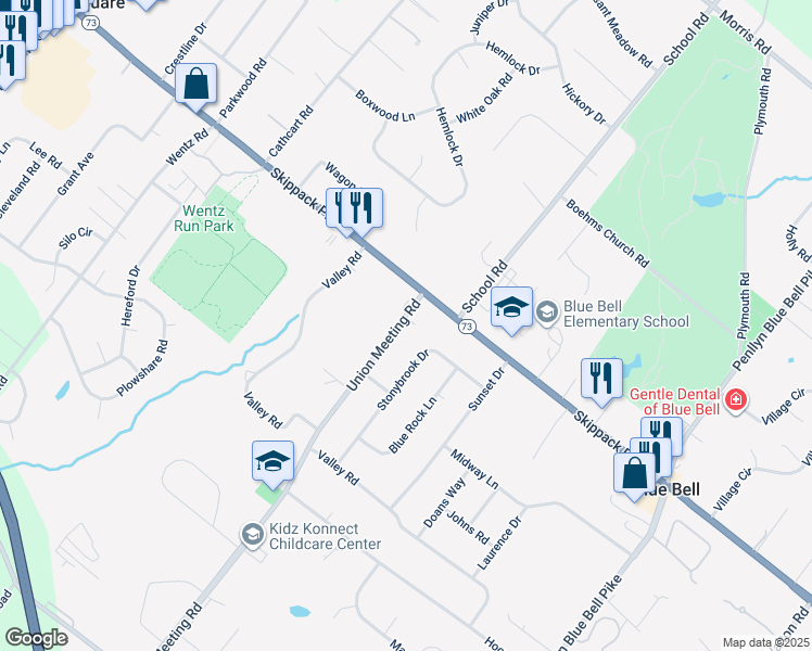 map of restaurants, bars, coffee shops, grocery stores, and more near 904 Union Meeting Road in Blue Bell