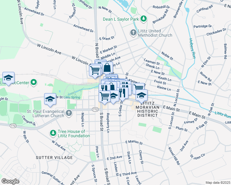 map of restaurants, bars, coffee shops, grocery stores, and more near 26 North Cedar Street in Lititz