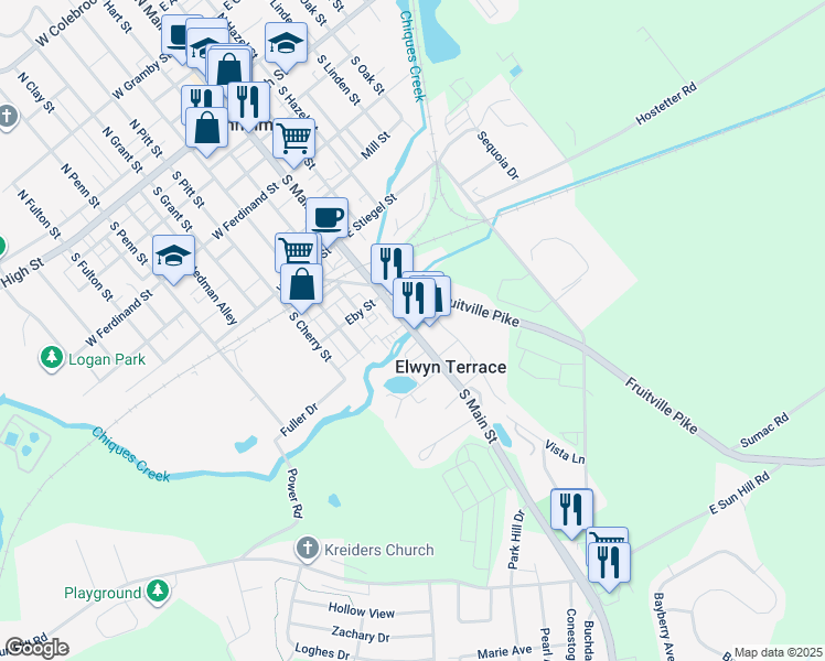 map of restaurants, bars, coffee shops, grocery stores, and more near 105 Fruitville Pike in Manheim