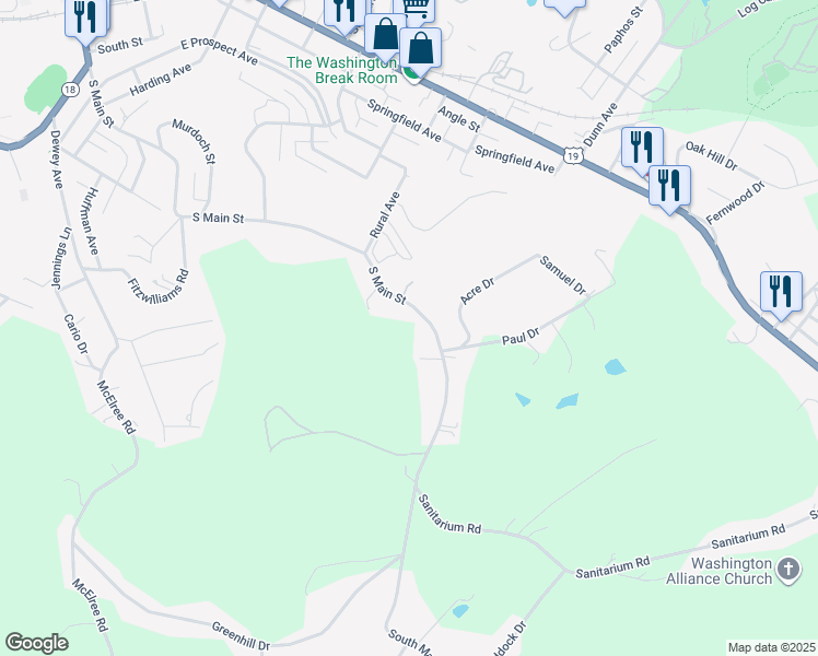map of restaurants, bars, coffee shops, grocery stores, and more near 945 South Main Street in Washington