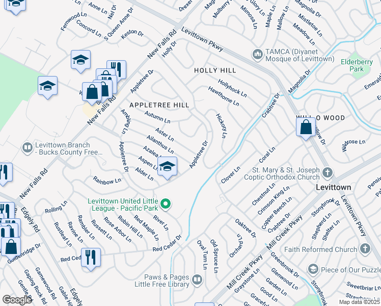 map of restaurants, bars, coffee shops, grocery stores, and more near 11 Aster Lane in Levittown