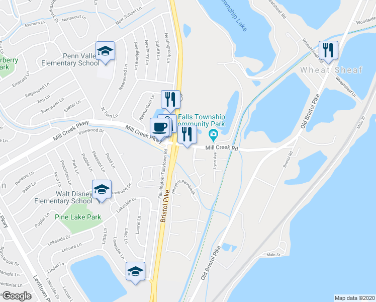 map of restaurants, bars, coffee shops, grocery stores, and more near 9078 Mill Creek Road in Levittown