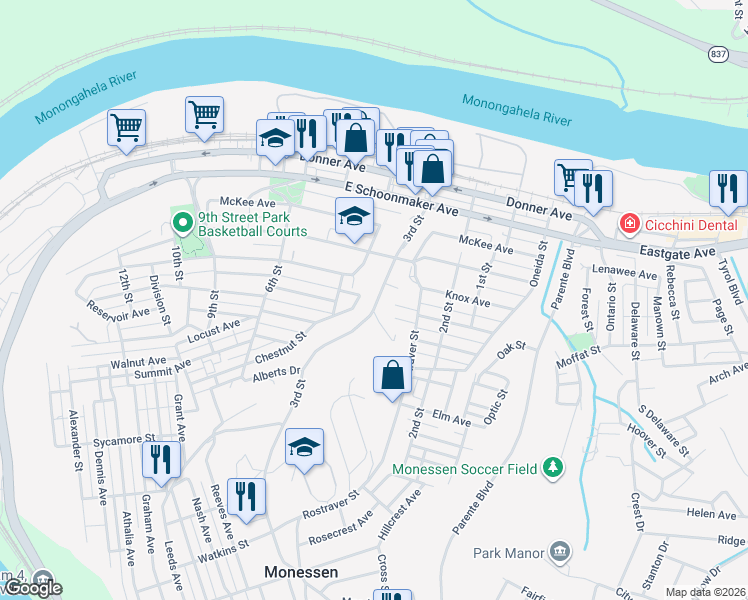map of restaurants, bars, coffee shops, grocery stores, and more near 418 3rd Street in Monessen