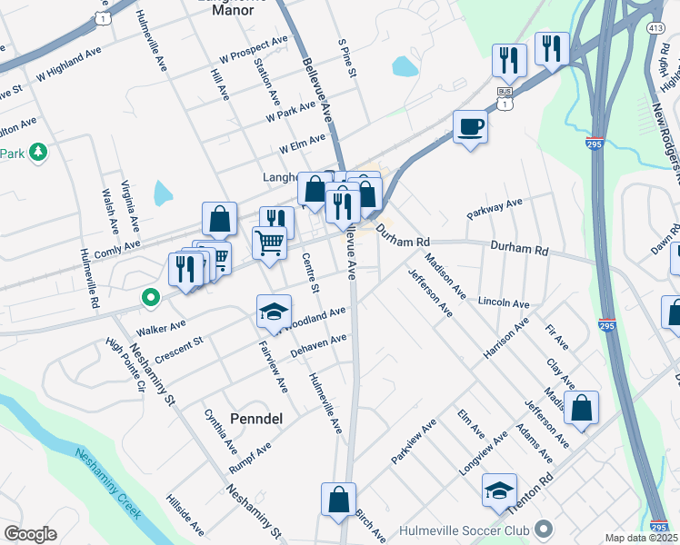 map of restaurants, bars, coffee shops, grocery stores, and more near 57 Crescent Avenue in Langhorne