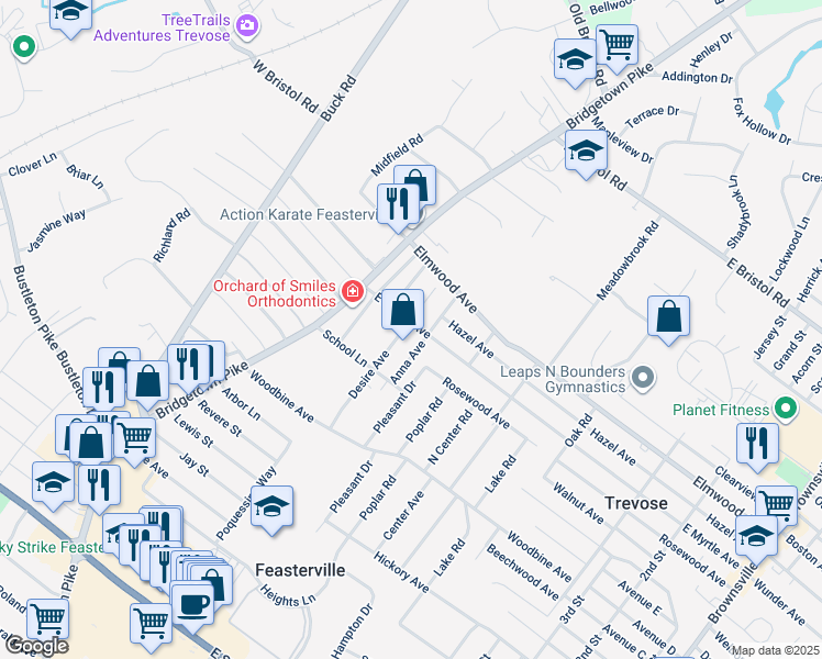 map of restaurants, bars, coffee shops, grocery stores, and more near 1653 Desire Avenue in Feasterville