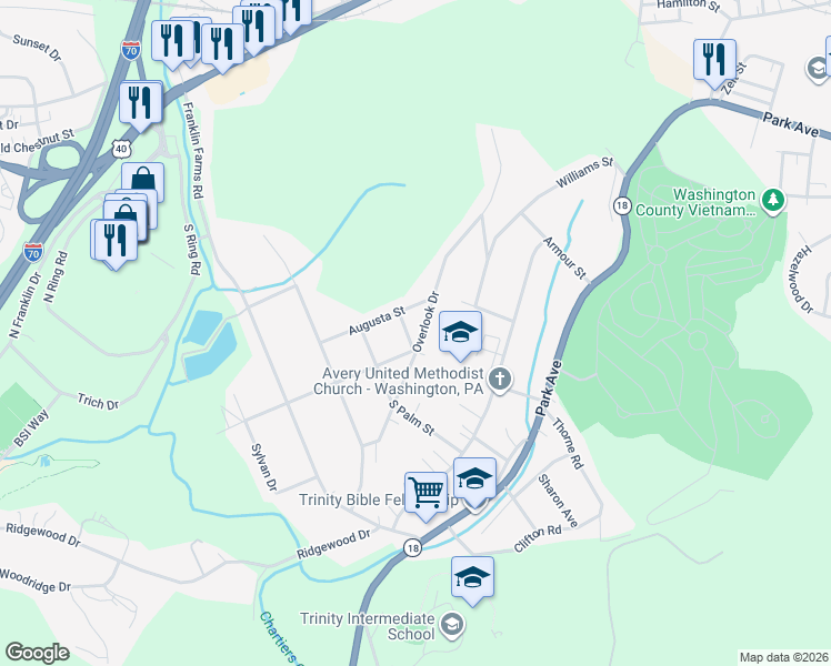 map of restaurants, bars, coffee shops, grocery stores, and more near 444 Longview Avenue in Washington