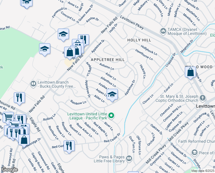map of restaurants, bars, coffee shops, grocery stores, and more near 38 Azalea Lane in Levittown