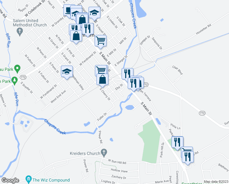 map of restaurants, bars, coffee shops, grocery stores, and more near 305 South Charlotte Street in Manheim