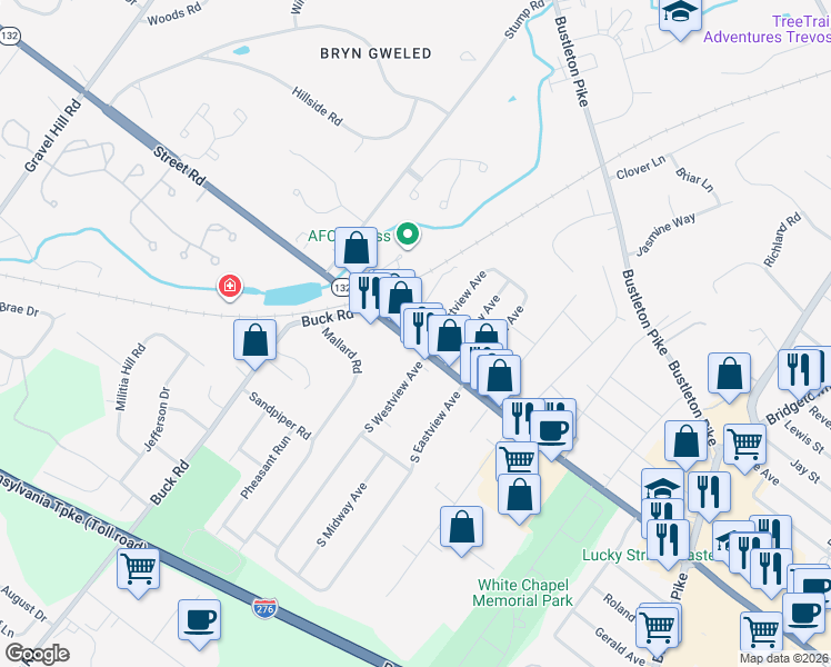 map of restaurants, bars, coffee shops, grocery stores, and more near 521 West Street Road in Feasterville-Trevose