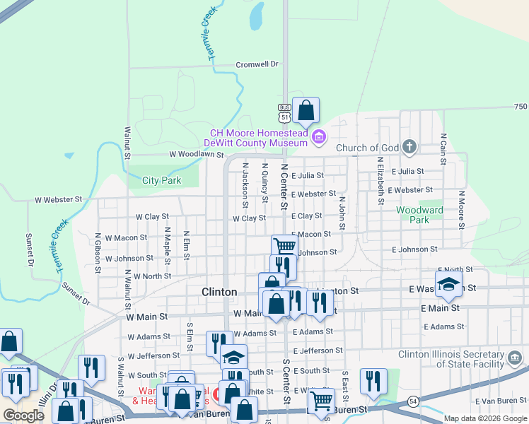 map of restaurants, bars, coffee shops, grocery stores, and more near 623 North Quincy Street in Clinton