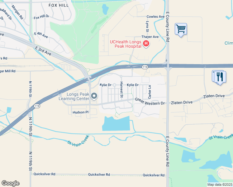 map of restaurants, bars, coffee shops, grocery stores, and more near 248 Mill Village Boulevard in Longmont