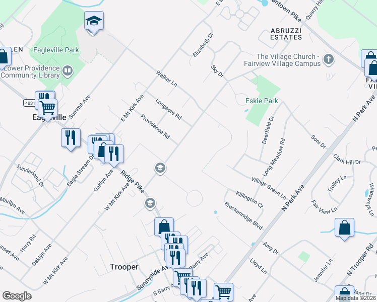 map of restaurants, bars, coffee shops, grocery stores, and more near 204 Church Road in Eagleville