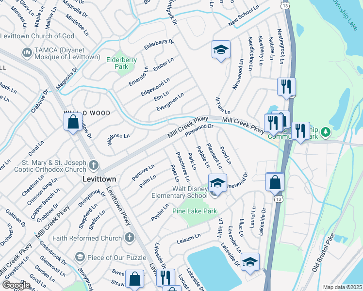 map of restaurants, bars, coffee shops, grocery stores, and more near 53 Park Lane in Levittown