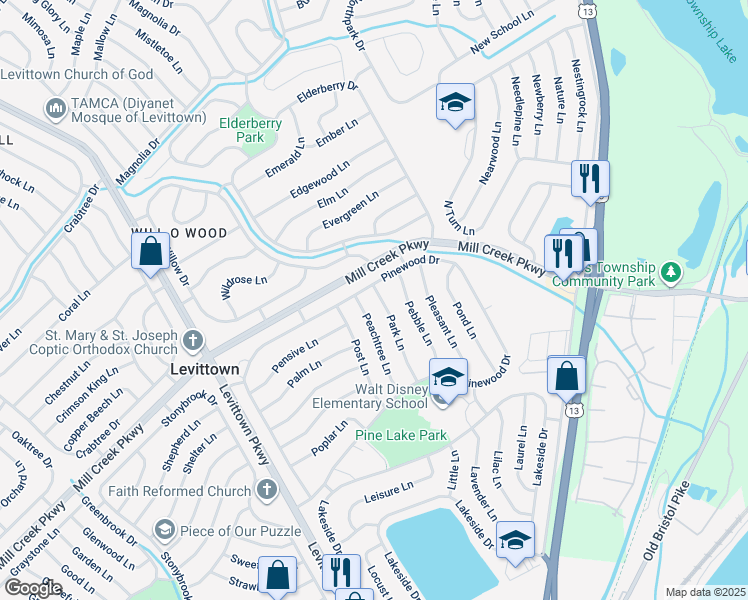 map of restaurants, bars, coffee shops, grocery stores, and more near 53 Park Lane in Levittown