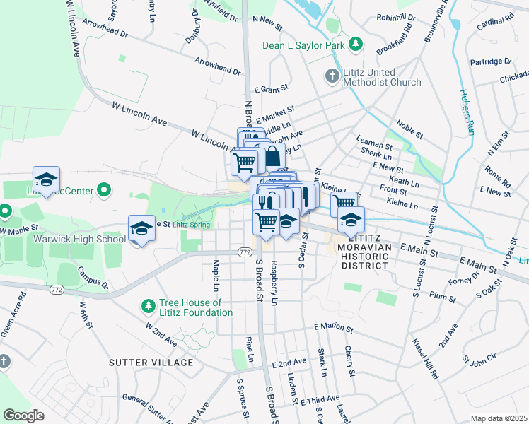 map of restaurants, bars, coffee shops, grocery stores, and more near 7 East Main Street in Lititz
