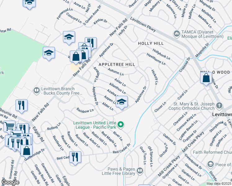 map of restaurants, bars, coffee shops, grocery stores, and more near 38 Azalea Lane in Levittown