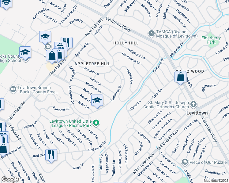 map of restaurants, bars, coffee shops, grocery stores, and more near 2 Aster Lane in Levittown