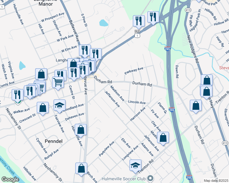 map of restaurants, bars, coffee shops, grocery stores, and more near 400 Madison Avenue in Langhorne