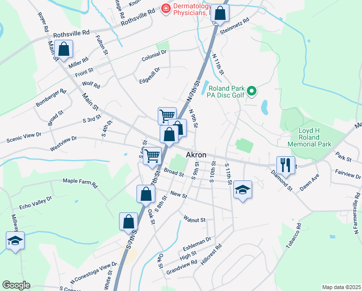 map of restaurants, bars, coffee shops, grocery stores, and more near 733 Main Street in Akron