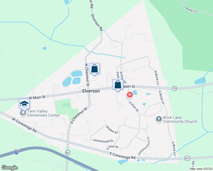 map of restaurants, bars, coffee shops, grocery stores, and more near 20 Hall Street in Elverson