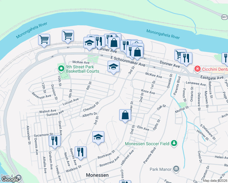 map of restaurants, bars, coffee shops, grocery stores, and more near 320 Short Street in Monessen