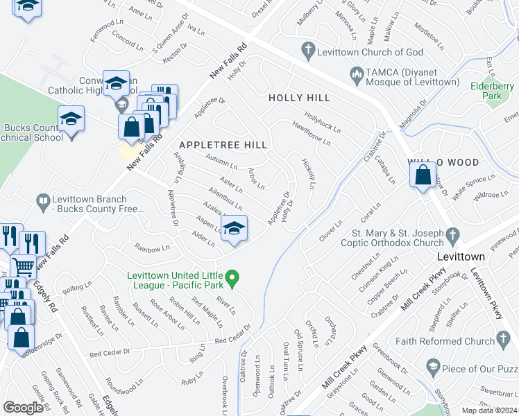 map of restaurants, bars, coffee shops, grocery stores, and more near 11 Aster Lane in Levittown