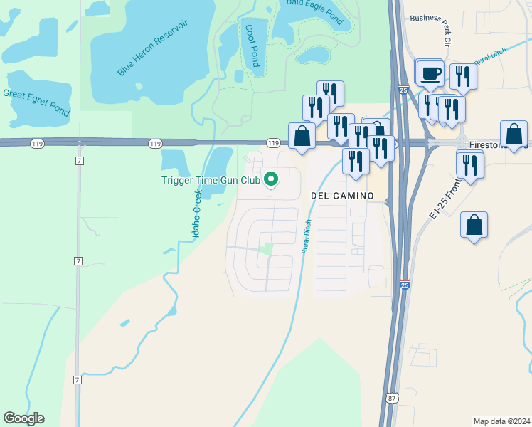 map of restaurants, bars, coffee shops, grocery stores, and more near 10687 Butte Drive in Longmont