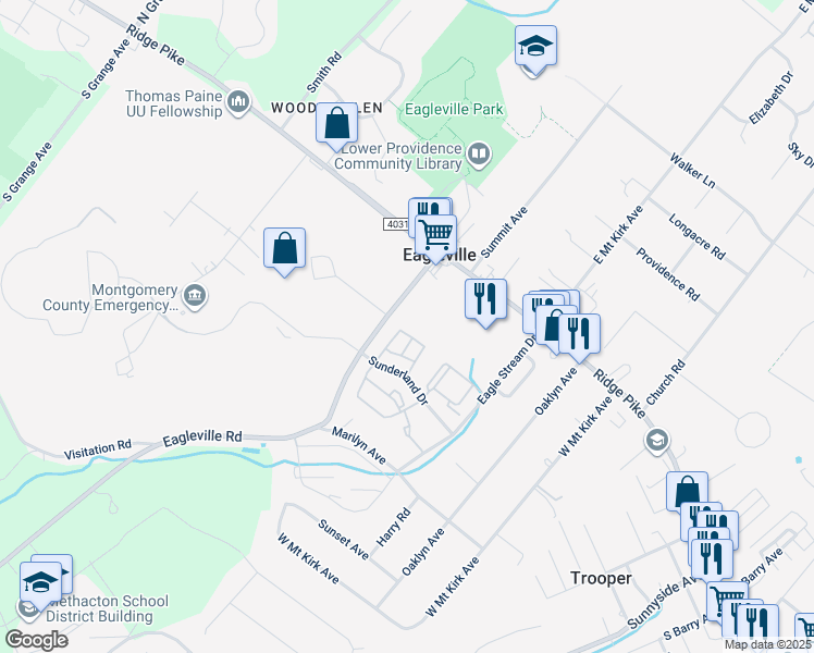 map of restaurants, bars, coffee shops, grocery stores, and more near 28 Eagleville Road in Eagleville