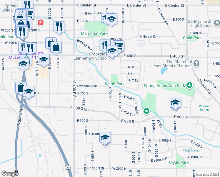 map of restaurants, bars, coffee shops, grocery stores, and more near 650 South 700 East in Springville