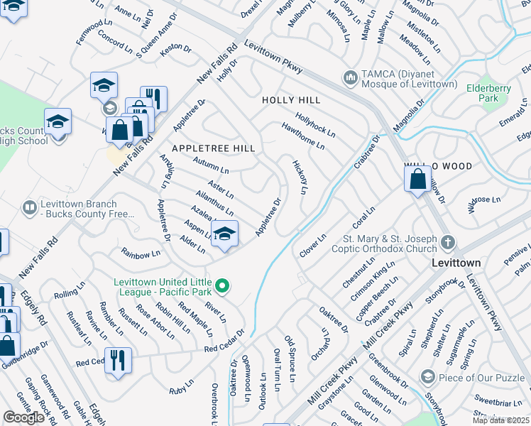 map of restaurants, bars, coffee shops, grocery stores, and more near 2 Aster Lane in Levittown