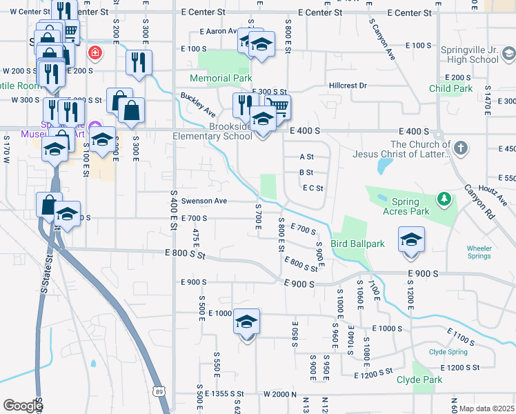 map of restaurants, bars, coffee shops, grocery stores, and more near 650 South 700 East in Springville