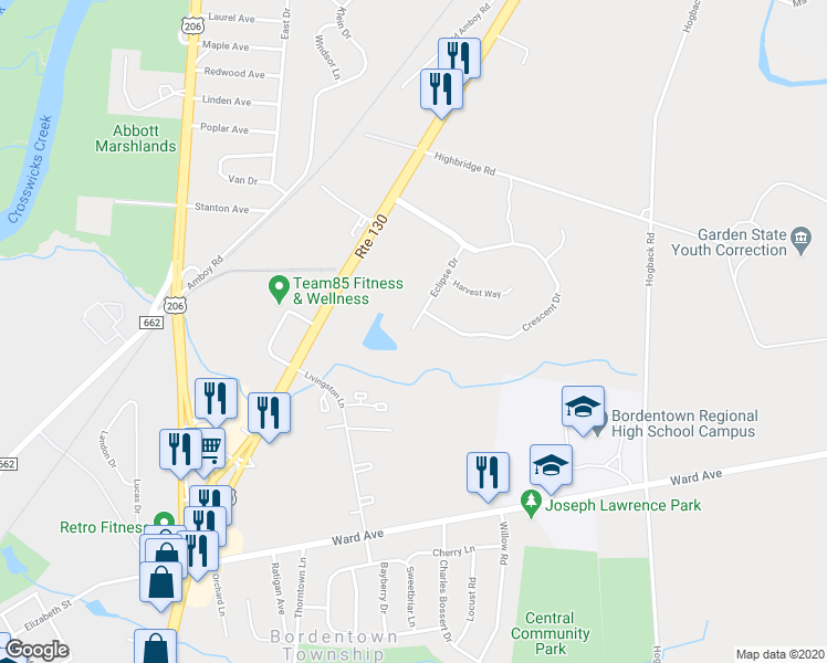 map of restaurants, bars, coffee shops, grocery stores, and more near 221 Eclipse Drive in Bordentown