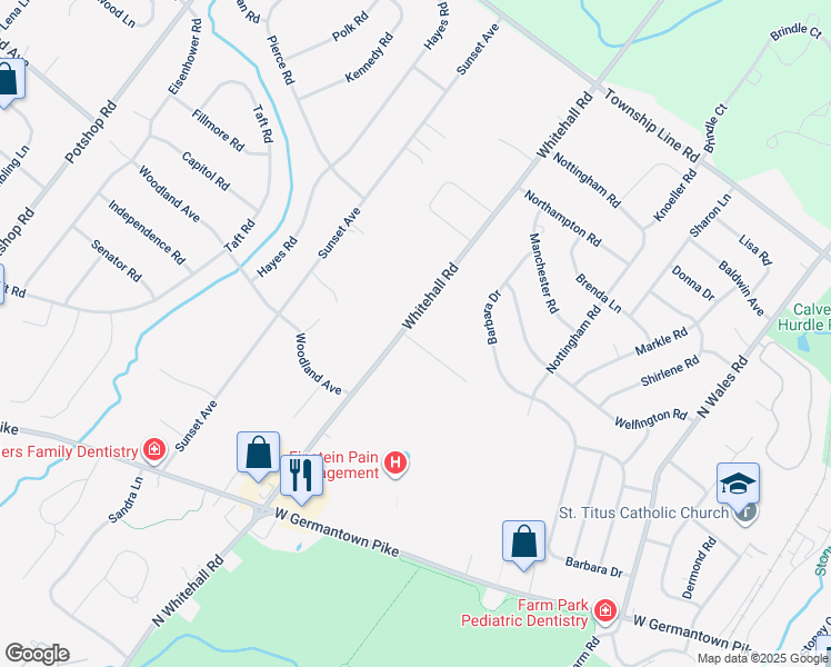 map of restaurants, bars, coffee shops, grocery stores, and more near 3000 Whitehall Road in Eagleville