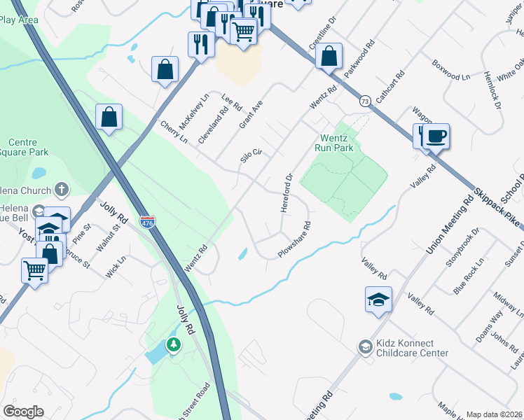 map of restaurants, bars, coffee shops, grocery stores, and more near 1260 Wentz Road in Blue Bell