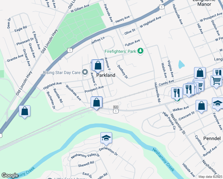 map of restaurants, bars, coffee shops, grocery stores, and more near 1021 Honeysuckle Avenue in Langhorne