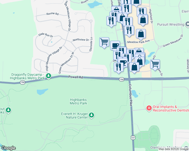 map of restaurants, bars, coffee shops, grocery stores, and more near 421 Heather Lane in Powell